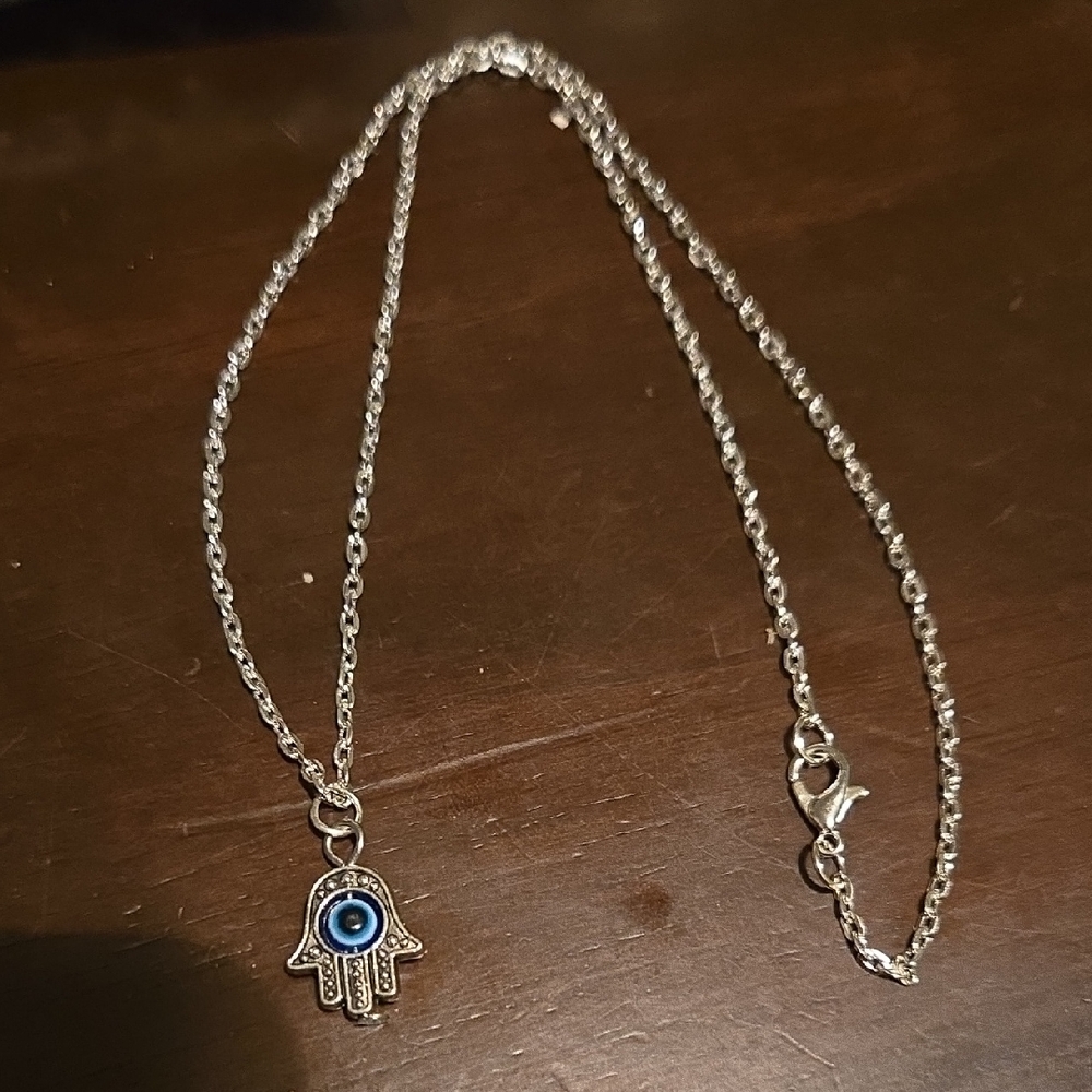 Silver Hamsa Hand Necklace with Blue Eye Charm
